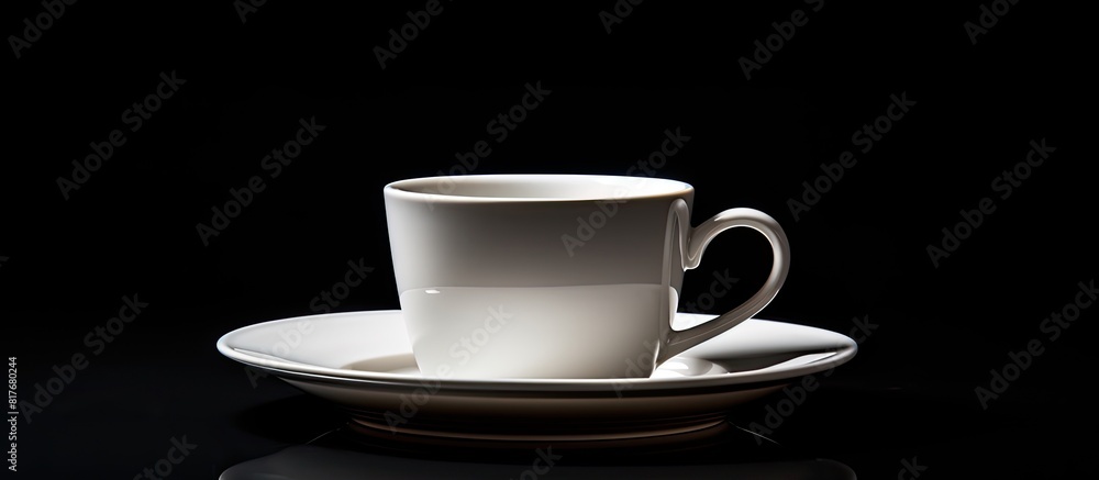 Aufkleber A cup and saucer are placed on a black background with ample copy space for adding text or images