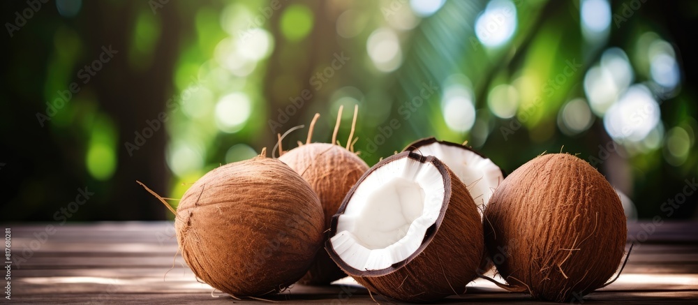 Aufkleber An image of coconuts on a rustic wooden table with a natural background. Creative banner. Copyspace image