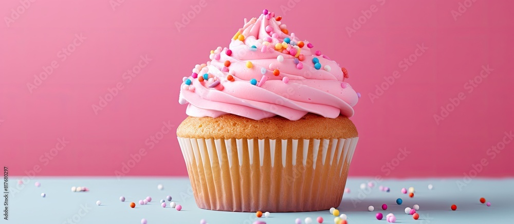 Poster colorful sprinkles and pink frosting adorn the cupcakes creating a visually appealing and delicious 