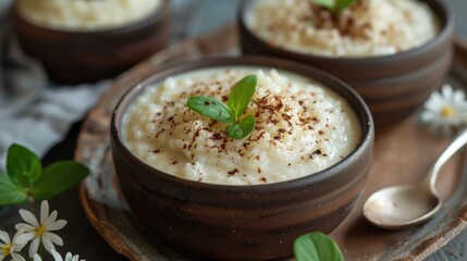 Rice pudding with cinnamon in vintage glasses. Cozy winter dessert concept.
