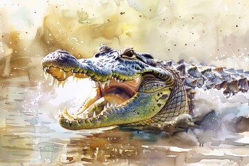 Obraz premium A fierce crocodile depicted in a watercolor painting. Suitable for educational materials or wildlife themed designs