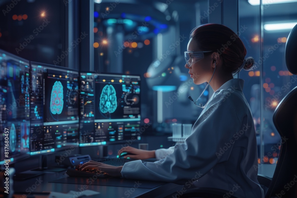 Poster woman sitting at desk in front of computer, suitable for office or remote work concept