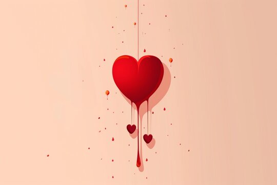 Minimalist illustration of heart-shaped blood donation concept with red droplets, representing the altruistic act of giving blood to save lives in the healthcare and medical field