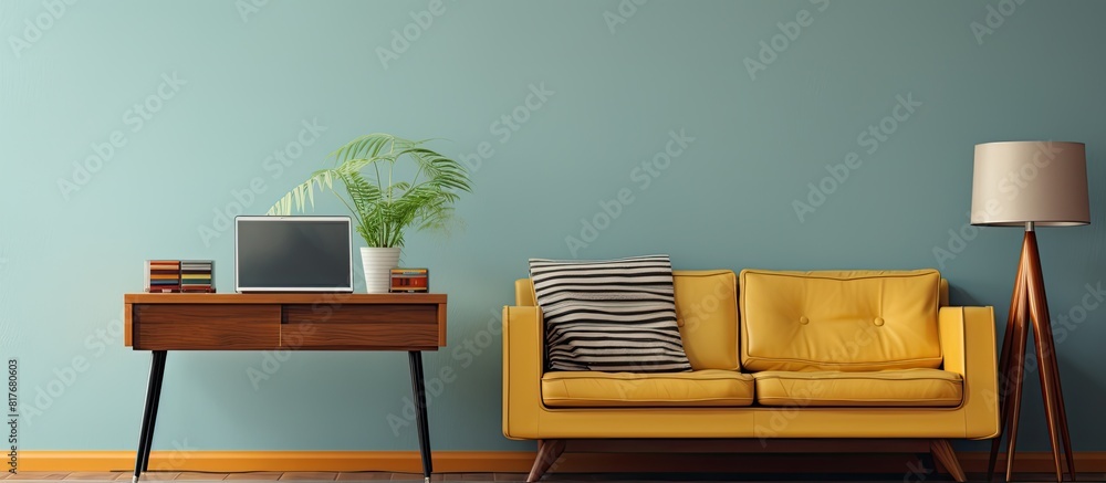 Fototapete Modern living room with a laptop computer displaying a blank screen perfect for adding a copy space image