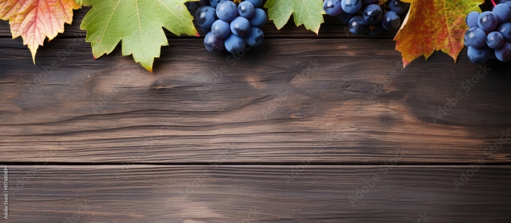 Poster A top down view of blue grapes and vibrant grape leaves on weathered wooden table creating a captivating background for copy space image