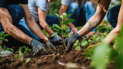 Group of people planting herbs in a garden. Outdoor gardening activity.