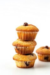 Stack of chocolate chip muffins with scattered chocolate chips on a white background