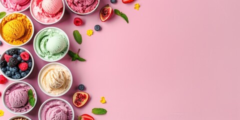 Assorted bowls of colorful ice cream and fruits on pink background. National Ice Cream Day