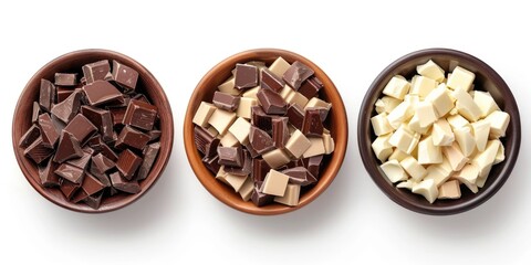 Bowls of dark, milk, and white chocolate chunks. World Chocolate Day