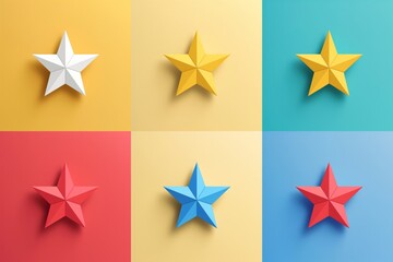 Six vibrant minimalist star icons set against split colorful backgrounds, symbolizing outstanding business excellence and highquality performance