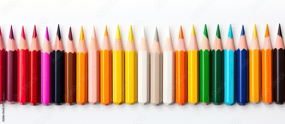 Poster A vibrant arrangement of colorful pencils and crayons on a pristine white background creating a captivating copy space image
