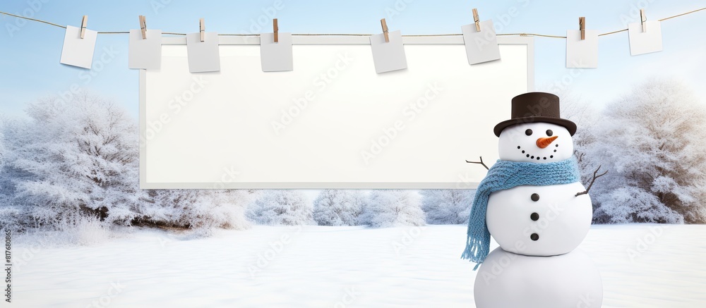 Poster A snowman and empty picture frames hang on a clothesline creating a peaceful scene against a white backdrop Perfect for copy space image