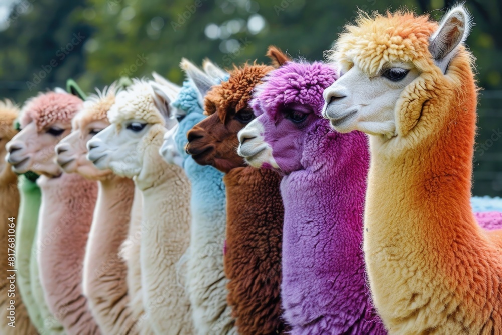 Poster a group of llamas standing next to each other. suitable for animal and nature themes