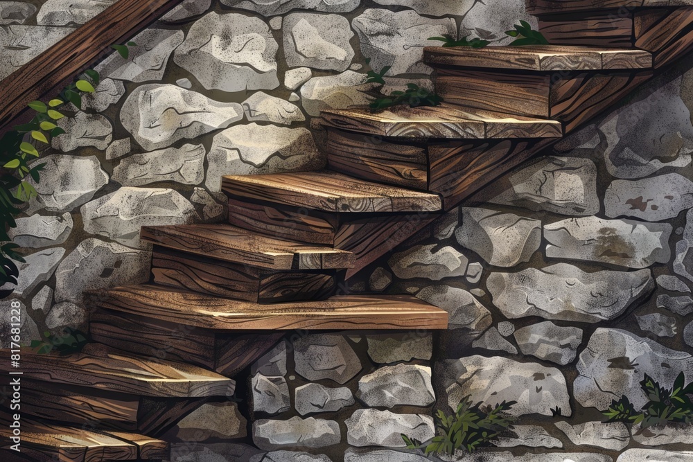 Poster a set of stairs leading up to a stone wall. suitable for architectural and interior design concepts