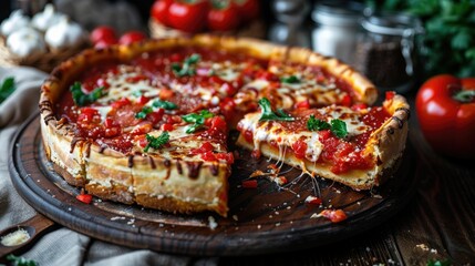 Delectable Deep Dish Chicago Style Pizza with Layers of Cheese Sauce and Tantalizing Toppings