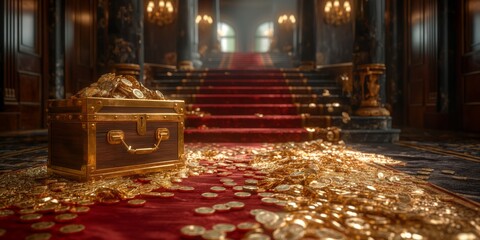Wooden chest full of gold jewelry. the Red carpet