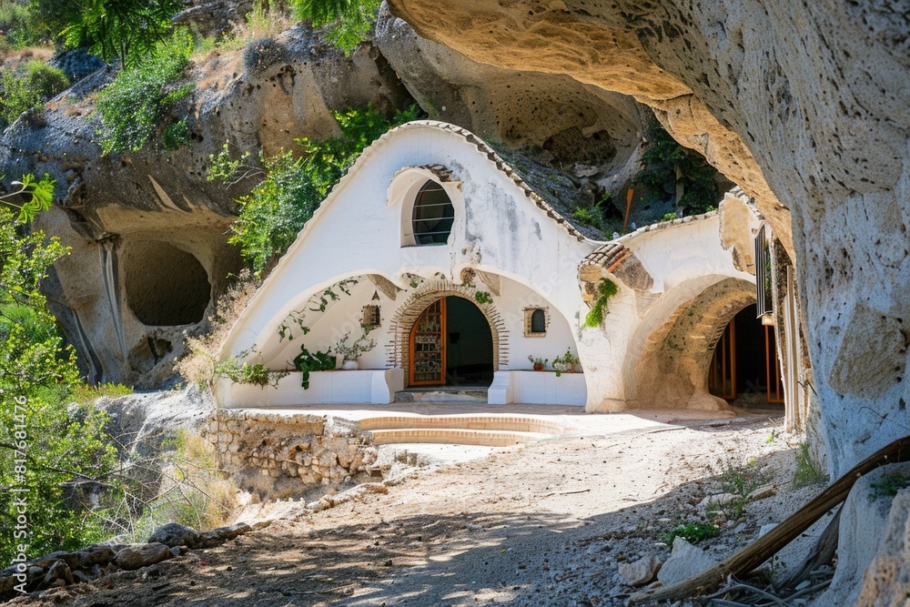 Poster white building with a cave-like entrance, suitable for architectural projects