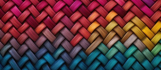 A close up image of a multicolored woven material creates an abstract and textured zigzag...
