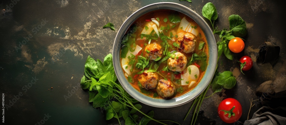 Poster A top view of a bowl of soup containing meatballs and vegetables on a concrete background with copy space for additional images or text