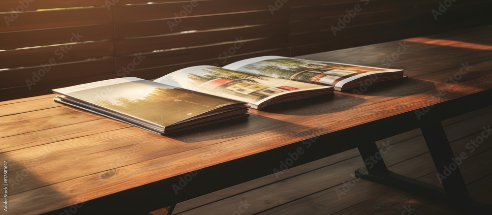 Poster A wooden table with open brochures providing empty space for text and images. Creative banner. Copyspace image