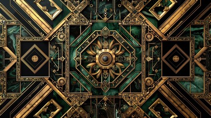 Abstract background, featuring intricate geometric patterns in vintage emerald green, sumptuous gold, and rich black