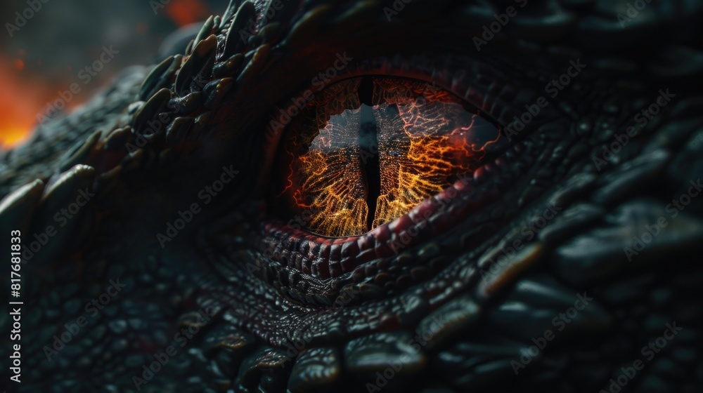 Poster close-up of a dragon's eye with flames in the background. perfect for fantasy or mythical themed pro
