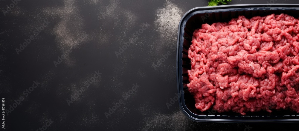 Aufkleber Top view of fresh minced meat in a plastic box packaging tray on a gray stone background The flat lay image includes copy space for text