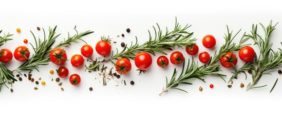 Top down view of a white background with a medley of cherry tomatoes arranged on a rosemary frame creating a captivating copy space image