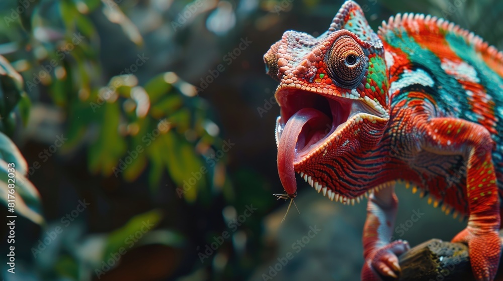 Poster close-up of a chameleon with its mouth open. suitable for nature and wildlife themes