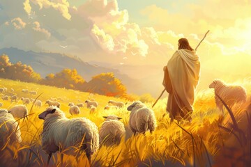 A man standing in a field surrounded by sheep. Suitable for agricultural or rural themes