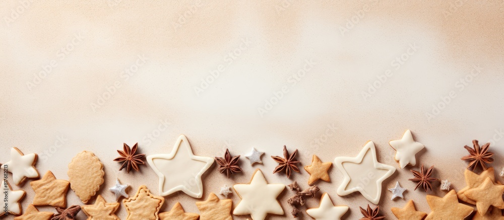 Aufkleber christmas cookies and cutters arranged on a beige background with ample copy space for text or graph