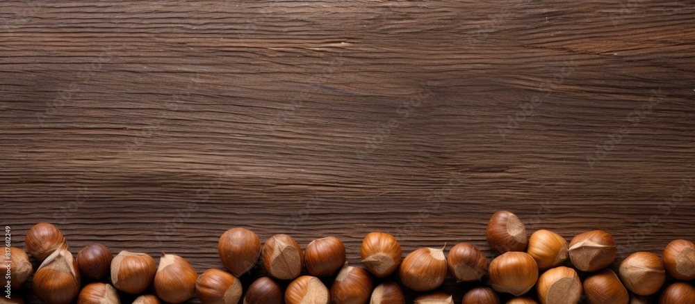 Poster A copy space image of hazelnuts arranged on a weathered wooden surface