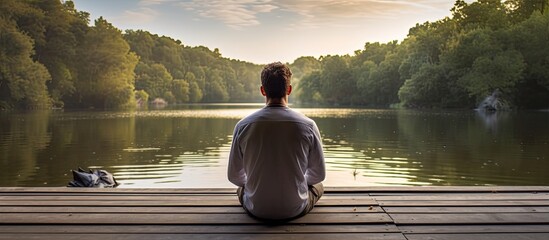 Back view of a man meditating on a wooden pier by the river with plenty of room for adding text or captions. Creative banner. Copyspace image