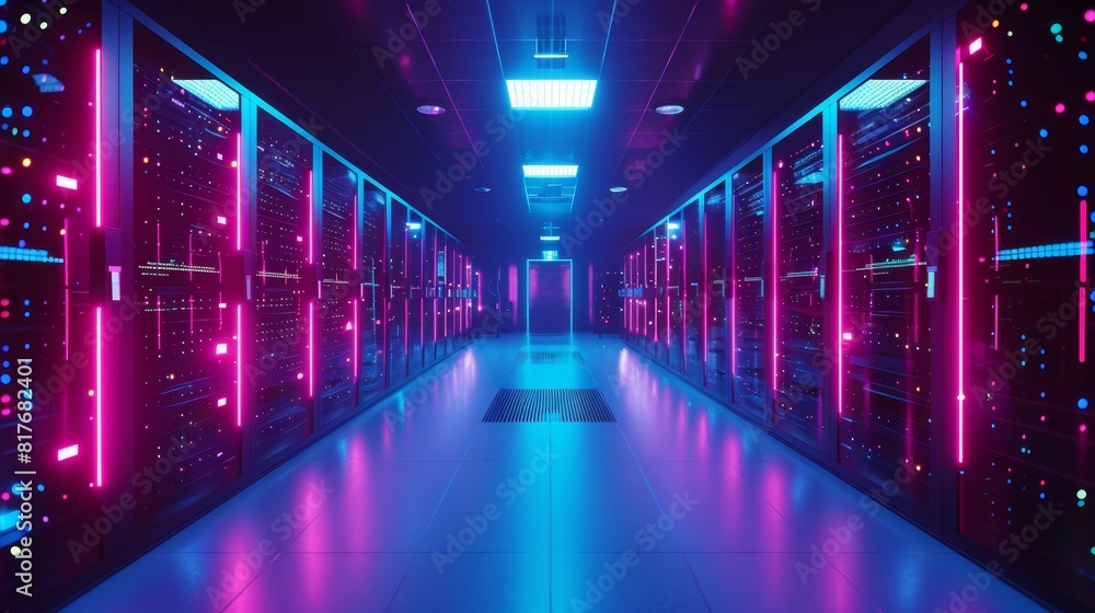 Poster the image shows a futuristic and colorful data center with glowing neon lights and a shiny reflectiv