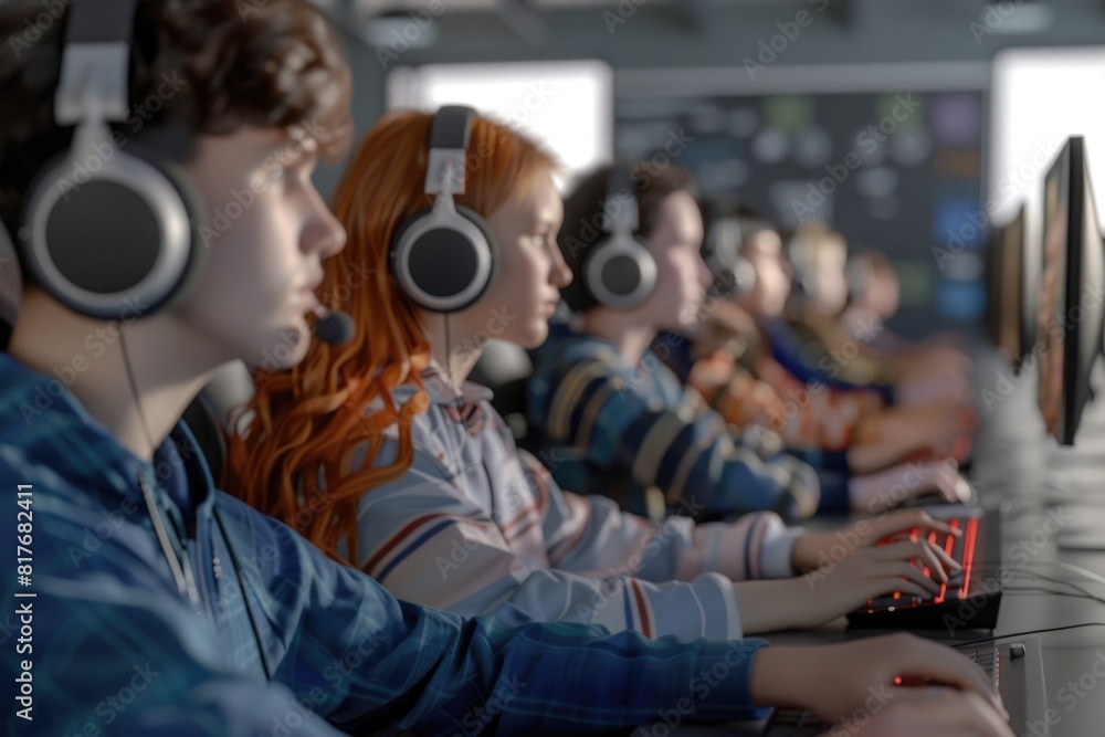 Poster Group of individuals using headphones at computer stations. Suitable for technology and communication concepts