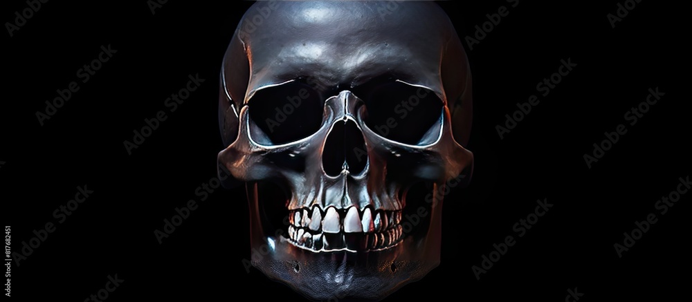 Poster a spooky halloween skull is depicted against a dark background with plenty of empty space surroundin