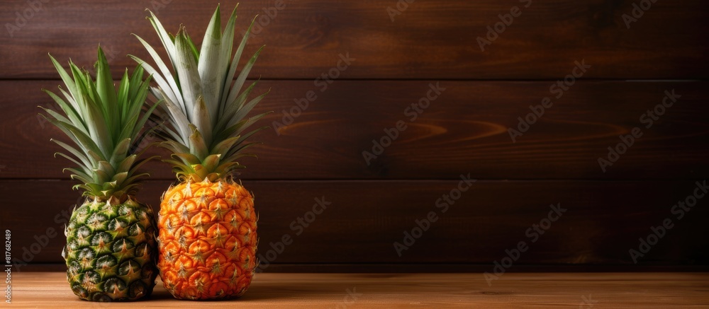 Poster a copy space image featuring a pineapple placed on a wooden background
