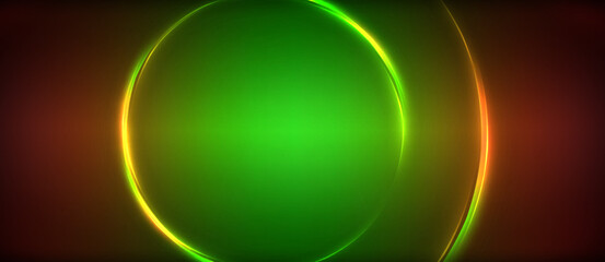 Neon glowing circle rays, light round lines in the dark, planet style neon wave lines. Energetic electric concept design for wallpaper, banner, background