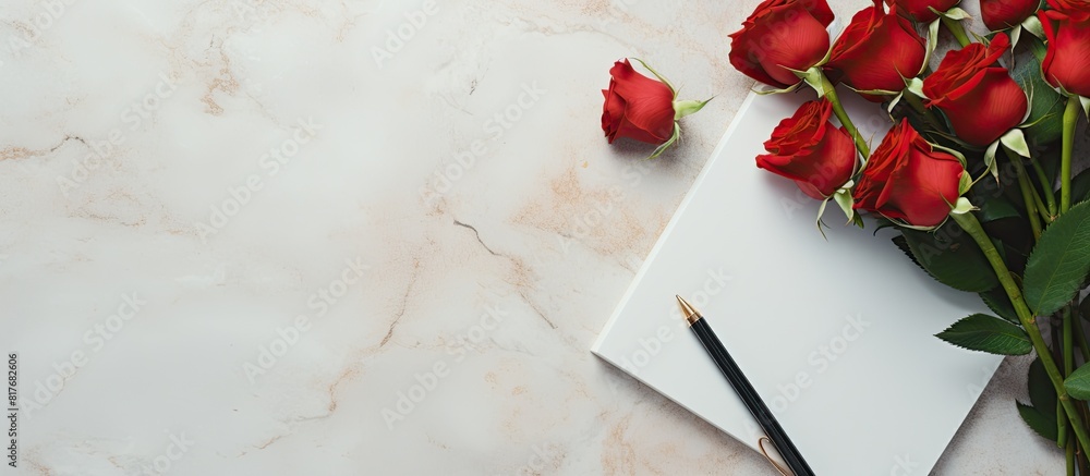 Poster a copy space image of a notebook pen and roses placed on a marble table from a top down perspective 