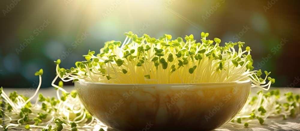 Poster A close up of mung bean sprouts or seedlings in a bowl with a copy space image