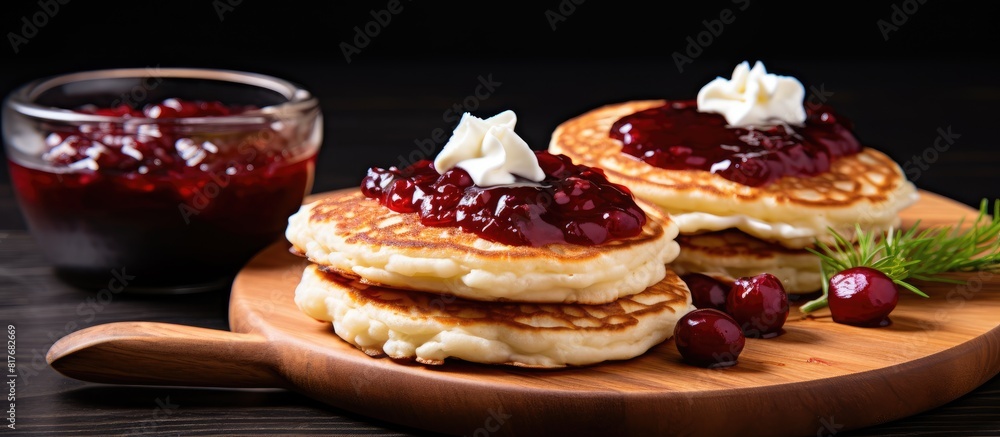 Poster a copy space image of cottage cheese pancakes topped with sour cream and jam presented on a wooden p