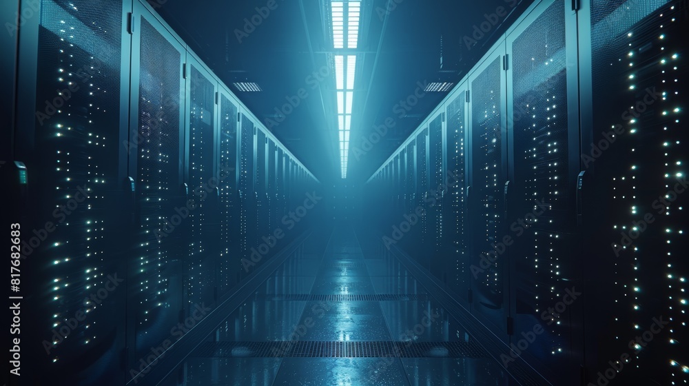 Aufkleber the image shows a long, dark hallway with rows of servers on either side. the servers are lit up, cr