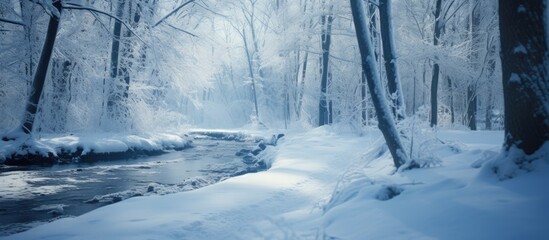 A path meanders through a snowy terrain guiding the way into a serene forest. Creative banner. Copyspace image