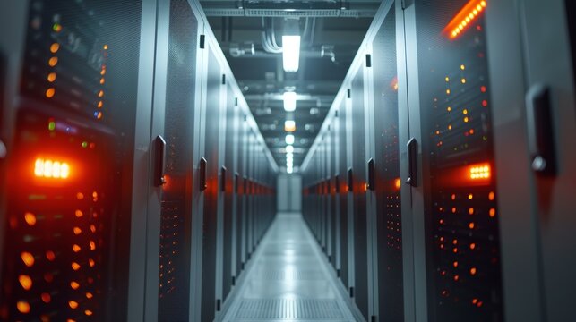 The image shows a long, narrow room filled with tall, metal server racks. The racks are lit by a bright light, and the floor is covered in a raised floor tiles.