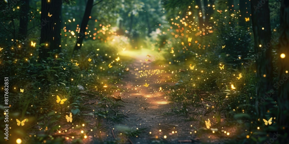 Poster a tranquil forest path illuminated by fireflies. ideal for nature and magical themed designs