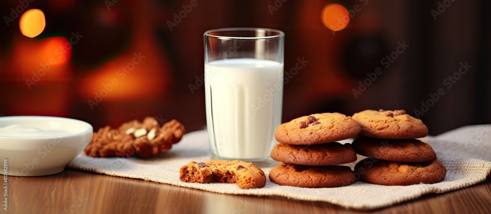 Poster A copy space image of homemade cookies with boiled condensed milk on a table background