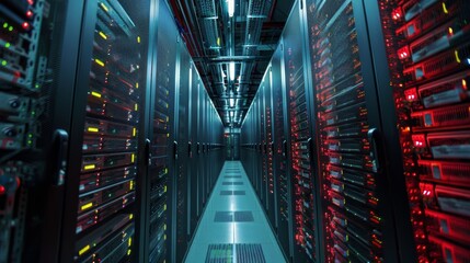 The image shows a long, narrow hallway with rows of servers on either side
