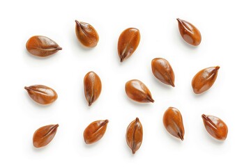 Bird s eye view of small group of linseeds on white background