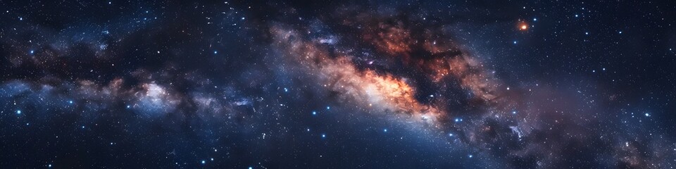 Panoramic astrophotography of visible Milky Way galaxy. Stars, nebula and stardust at night sky