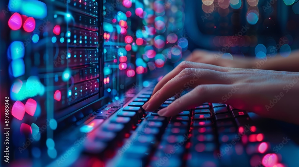 Poster the image shows a person typing on a keyboard with a colorful background of lights.